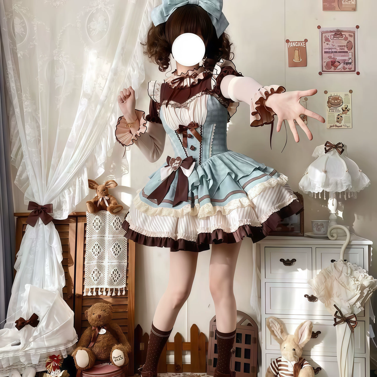Green and Brown Ruffled Chocolate Lolita Dress Set with Bow Accent - view 5