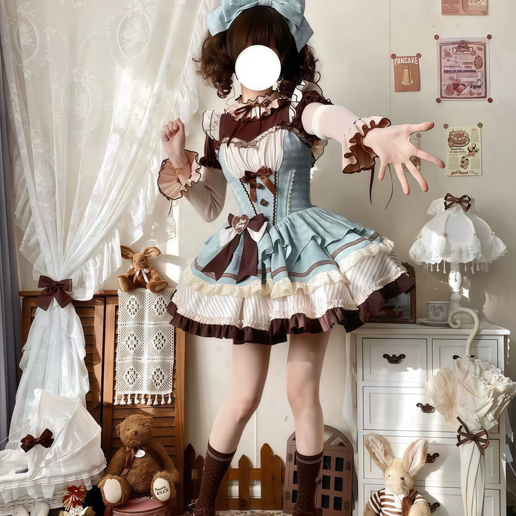 Green and Brown Ruffled Chocolate Lolita Dress Set with Bow Accent - view 5