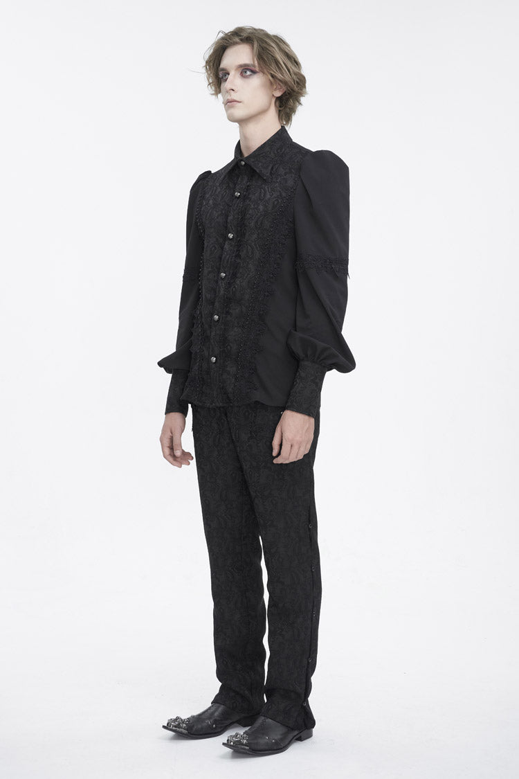 Black Lapel Collar Lantern Sleeves Jacquard Embroidery Men's Gothic Blouse - Product - 3