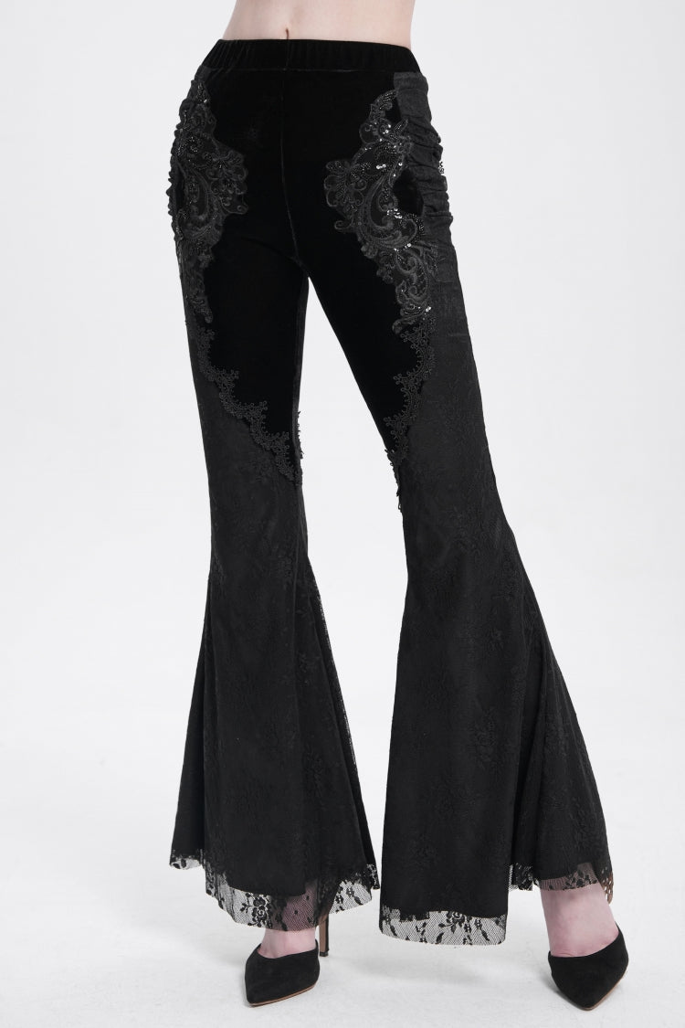 Black Floral Embroidery Stitching Lace Women's Gothic Pants - Black - 1