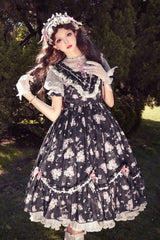 [Daydream Rose] Short Sleeves Floral Jacquard Print Ruffle Embroidery Bowknot Sweet Lolita Dress 3 Colors - Black - 4