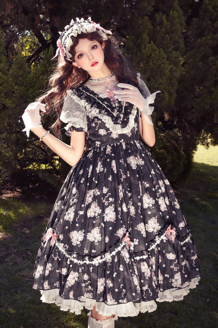 [Daydream Rose] Short Sleeves Floral Jacquard Print Ruffle Embroidery Bowknot Sweet Lolita Dress 3 Colors - Black - 4