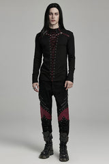 Black/Red Long Sleeves Stitching Lace-Up Ripped Men's Punk Blouse - Product - 4