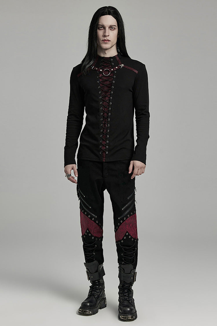 Black/Red Long Sleeves Stitching Lace-Up Ripped Men's Punk Blouse - Product - 4