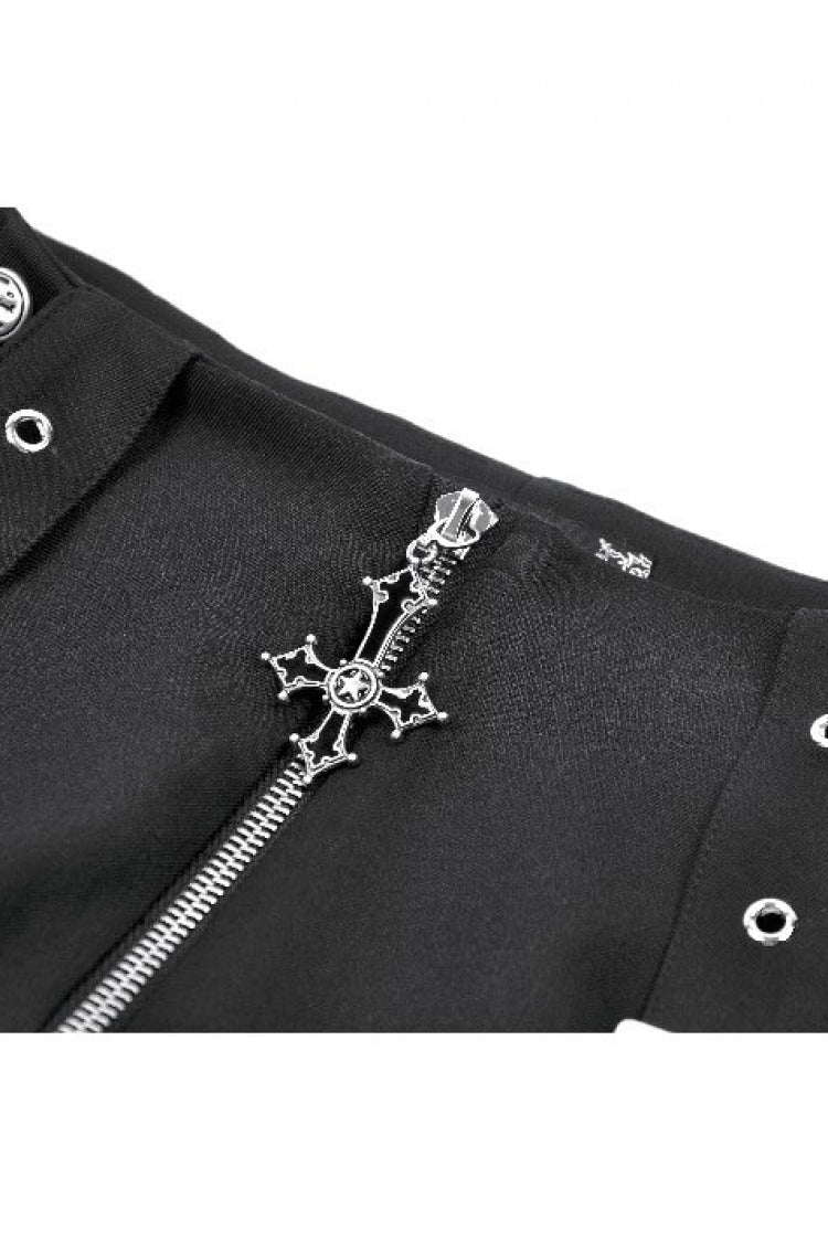 Black High Waisted Ruffled Lace Patchwork Buckled Straps Cross Zippered Women's Punk Shorts - Product - 13