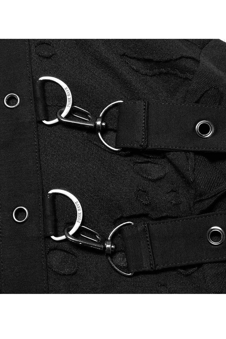 Black Gothic Broken Holes Knitted Fabric Stitching Metal Buckle Detachable Decorative Tape Long Sleeve Men's T-Shirt - Product - 7