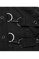 Black Gothic Broken Holes Knitted Fabric Stitching Metal Buckle Detachable Decorative Tape Long Sleeve Men's T-Shirt - Product - 7