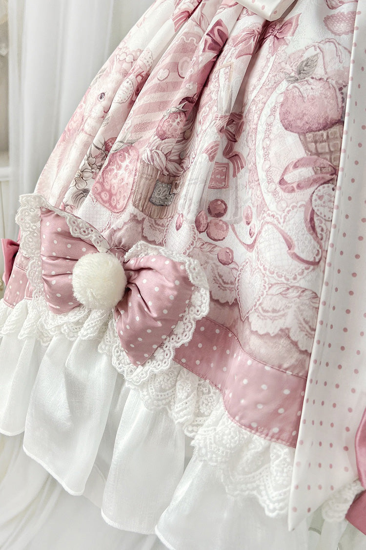Pink [Sweet Dessert Cat] Print Ruffle Bowknot Lace Sweet Princess Lolita Dress Set - Product - 14