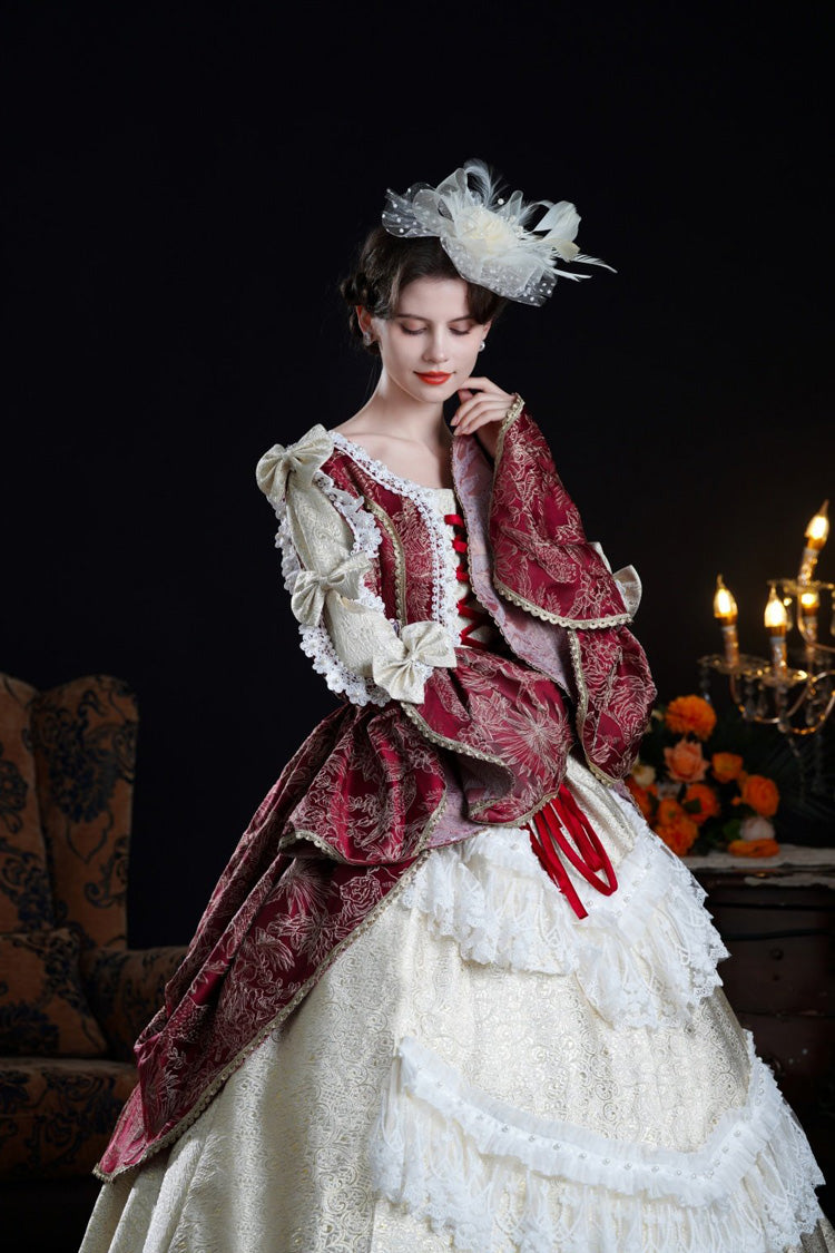 Wine/Ivory Long Hime Sleeves Lace-Up Classic Vintage Palace Lolita Victorian Dress - Product - 8