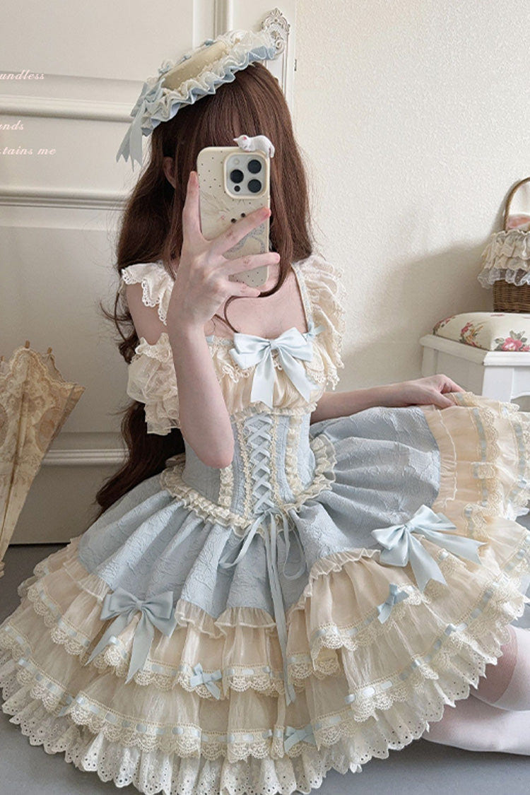 Blue [Flory Butterfly] Double-Layered Ruffle Bowknot Lace Lace-Up Sweet Ballet Lolita Jsk Dress - Product - 5