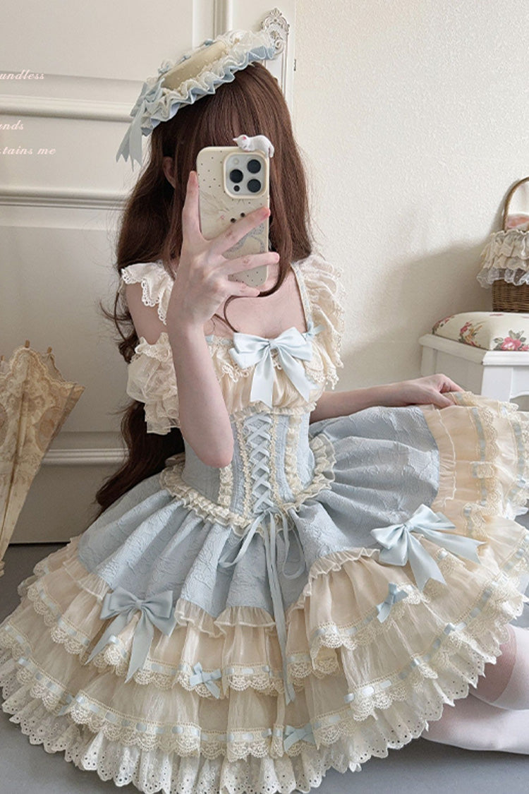 Blue [Flory Butterfly] Double-Layered Ruffle Bowknot Lace Lace-Up Sweet Ballet Lolita Jsk Dress - Product - 5