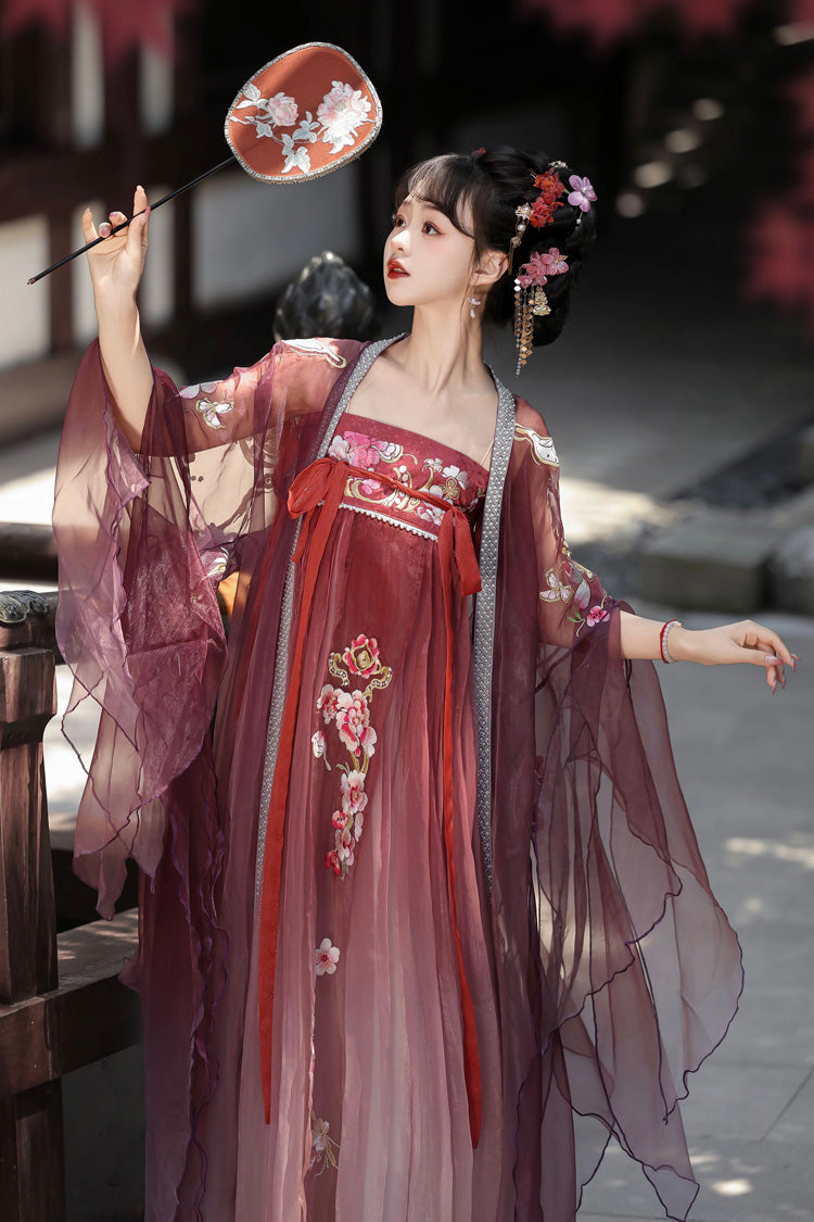 Red Long Sleeves Embroidery Sweet Tang-style Hezi Hanfu Dress Full Set - Product - 4