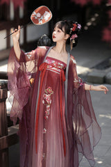 Red Long Sleeves Embroidery Sweet Tang-style Hezi Hanfu Dress Full Set - Product - 4