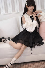 Black/White Round Collar Double-Layered Cut-Out Bow Lace-Up Classic Jirai Kei Japanese Elegant Skirt Set - Product - 4