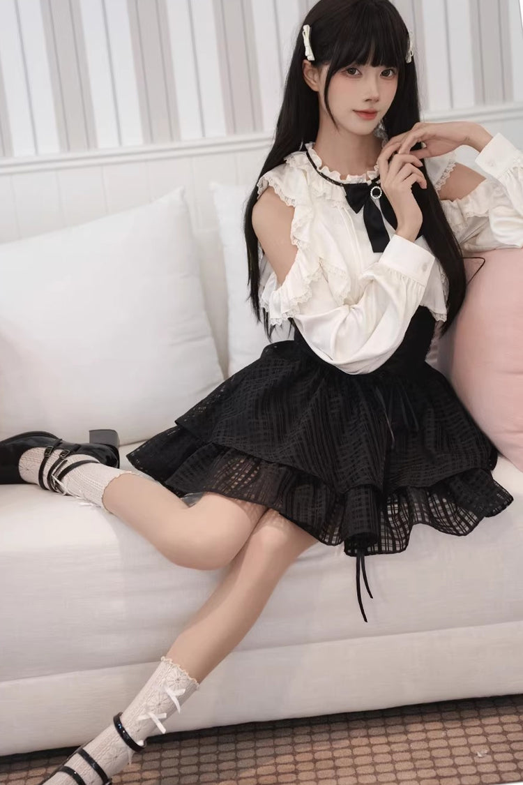 Black/White Round Collar Double-Layered Cut-Out Bow Lace-Up Classic Jirai Kei Japanese Elegant Skirt Set - Product - 4