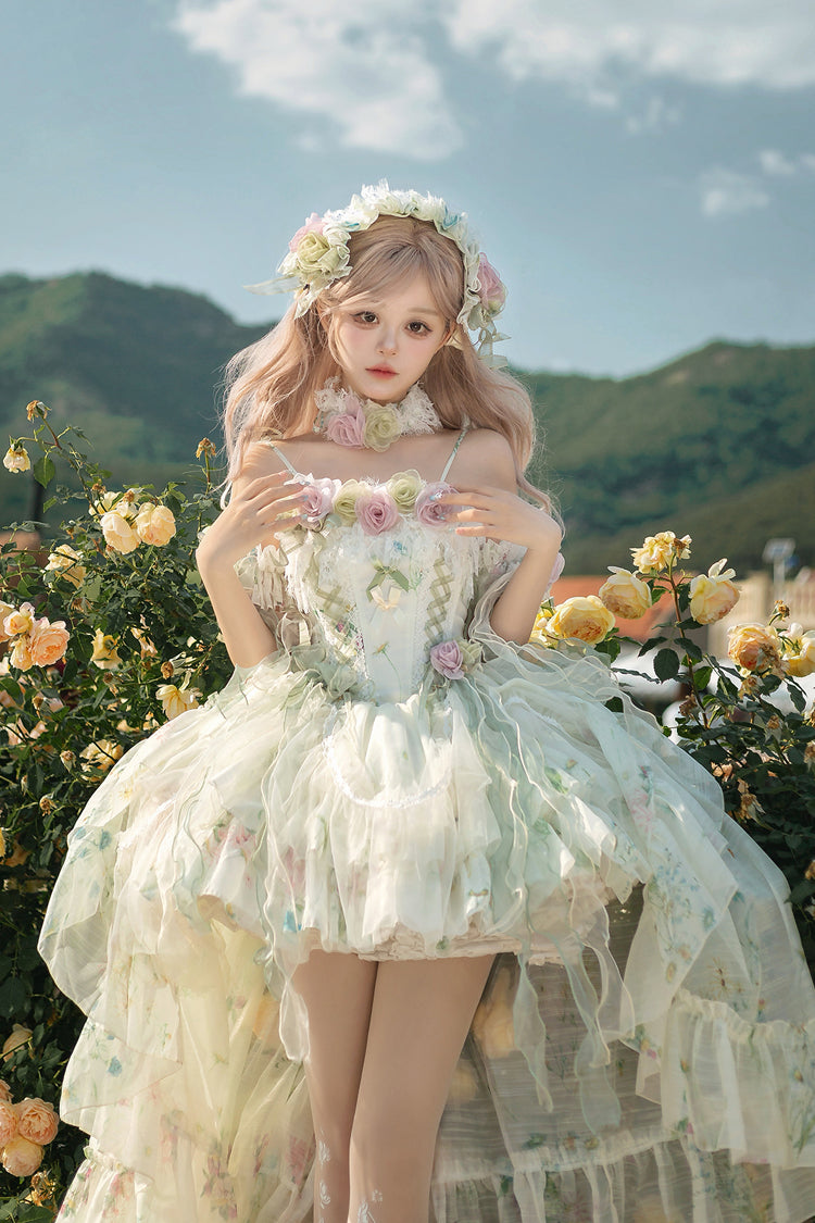 Green [Spring Rose] Sleeveless Multi-Layered Bowknot Lace-Up Fishbone Sweet Lolita Jsk Dress - Green - 1
