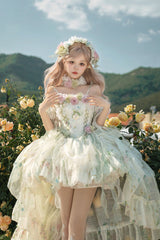 Green [Spring Rose] Sleeveless Multi-Layered Bowknot Lace-Up Fishbone Sweet Lolita Jsk Dress - Green - 1