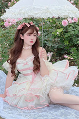 Pink/Beige Ballerina Style Bowknot Slim Fluffy Princess Sweet Lolita Tiered Dress - Product - 8