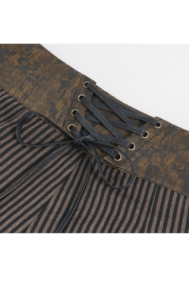 Brown High Waisted Striped  Lace-Up Men's Gothic Pants - Product - 10