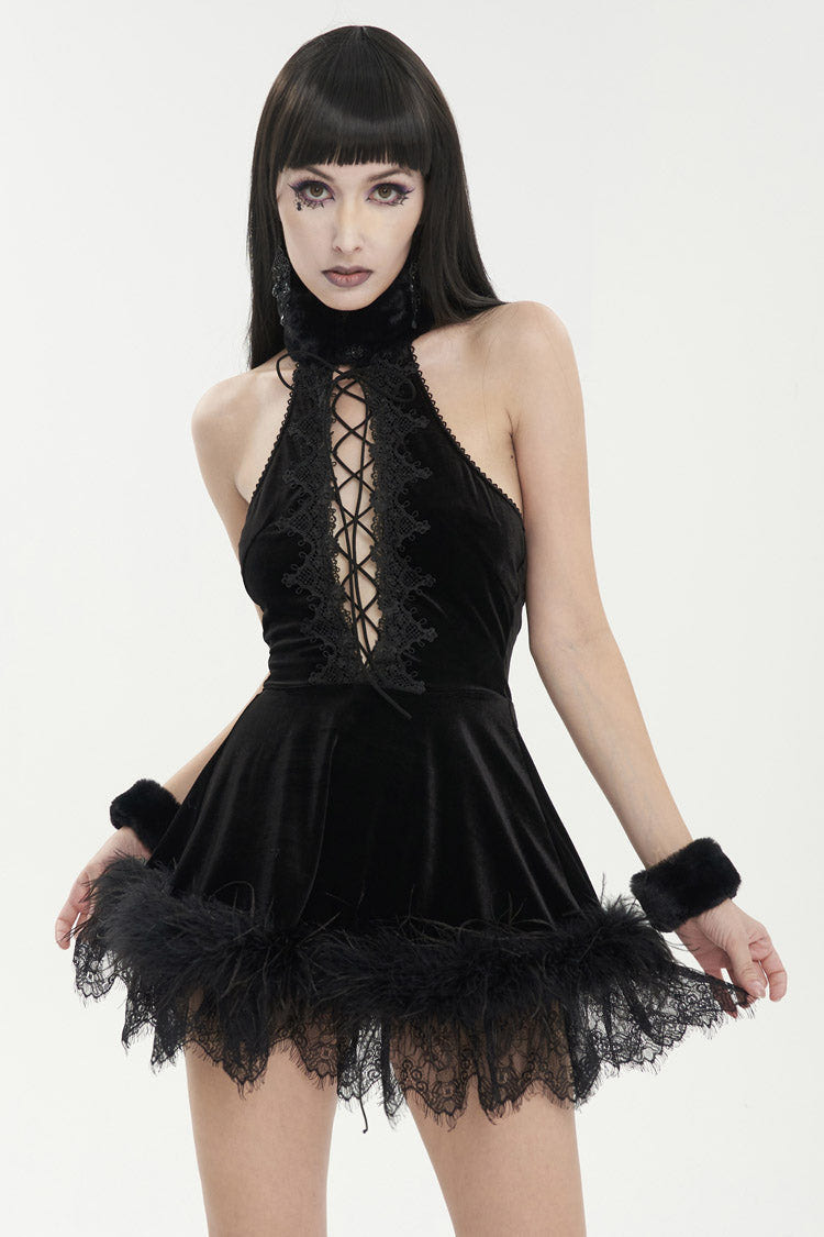 Black Halterneck Fluffy Splice Velvet Women's Gothic Dress - Product - 2