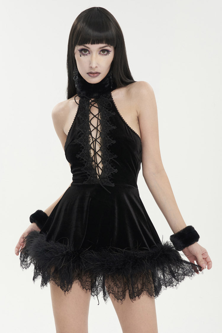 Black Halterneck Fluffy Splice Velvet Women's Gothic Dress - Product - 2