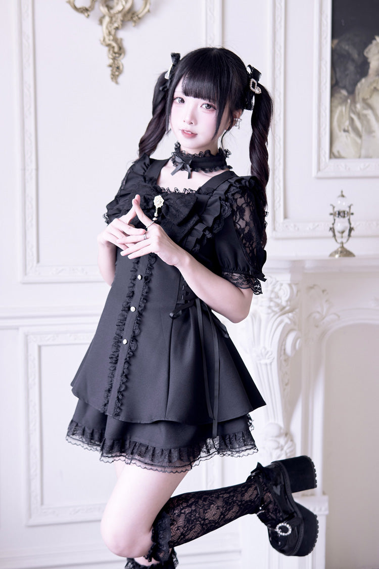 Black [Waltz] Short Sleeves Ruffle Bowknot Gothic Jirai Kei Japanese Dress Set - Product - 7