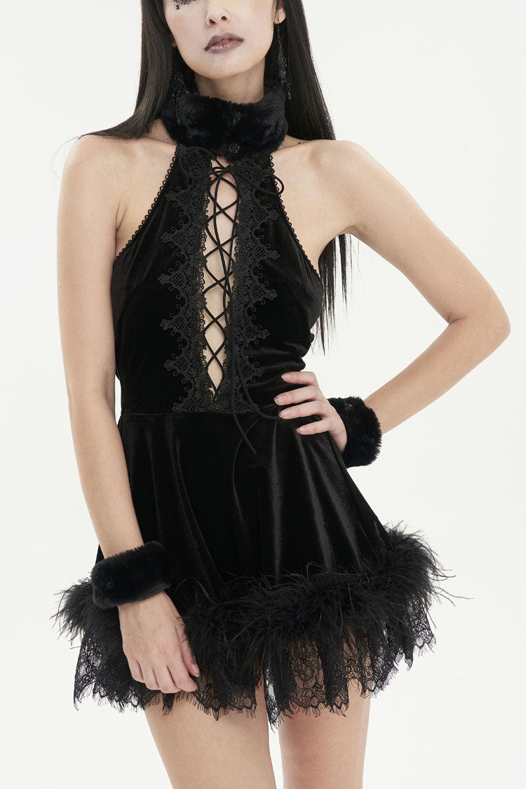 Black Halterneck Fluffy Splice Velvet Women's Gothic Dress - Black - 1