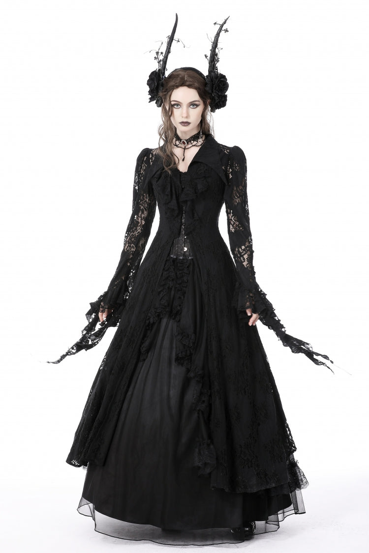 Black Lapel Collar Long Sleeves Ruffled Irregular Lace Lace-Up Women's Gothic Jacket Dress - Product - 5