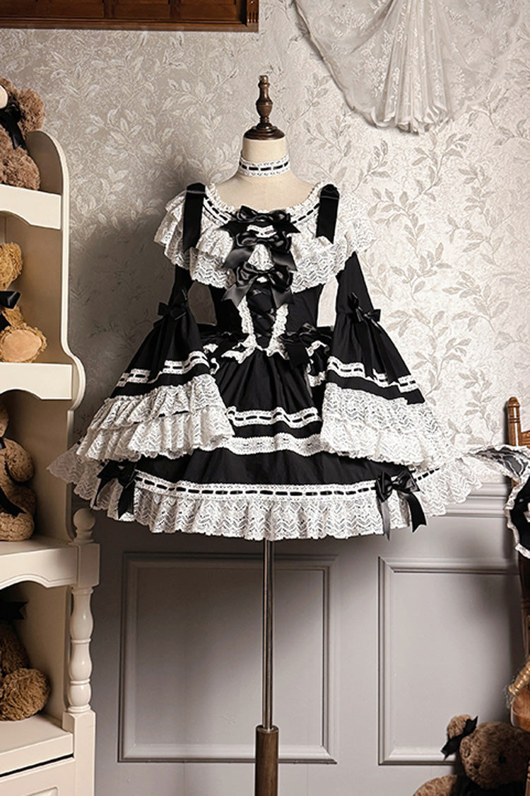 Black [Rabbit Sleeping Doll] Long Trumpet Sleeves Ruffle Bowknot Lace Sweet Lolita Dress - Product - 6