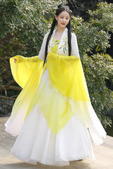 White/Yellow High Waisted Gradient Embroidery Irregular Women's Sweet Hanfu Dress Full Set - White/Yellow - 1