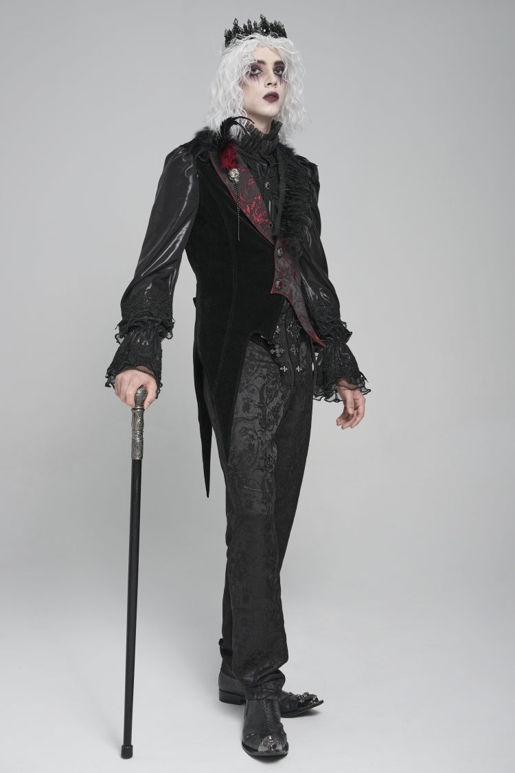 Black Long Sleeves Rose Print Irregular Contrast Color Men's Gothic Vest with Detachable Feather Accessory - Product - 10