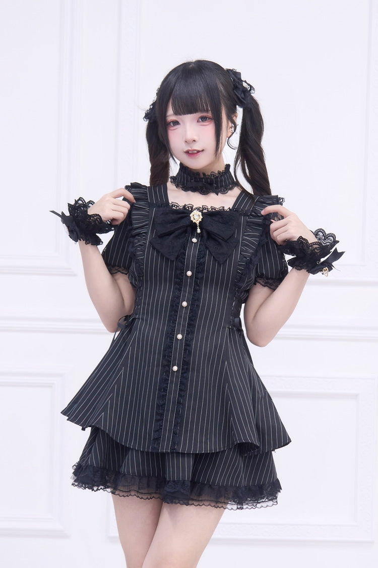 Black [Waltz] Short Sleeves Stripe Print Ruffle Bowknot Gothic Jirai Kei Japanese Dress Set - Black - 1