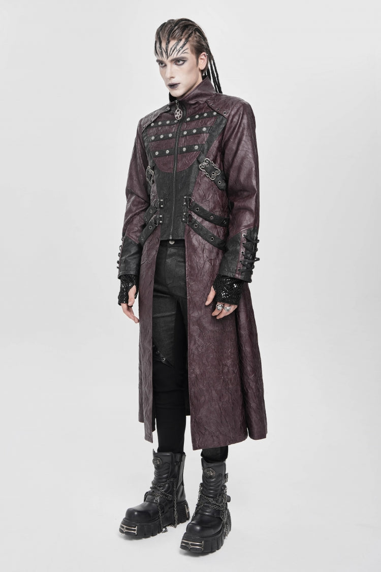 Red Stand Collar Zipper Straps Eyelet Men's Punk Coat - Product - 2