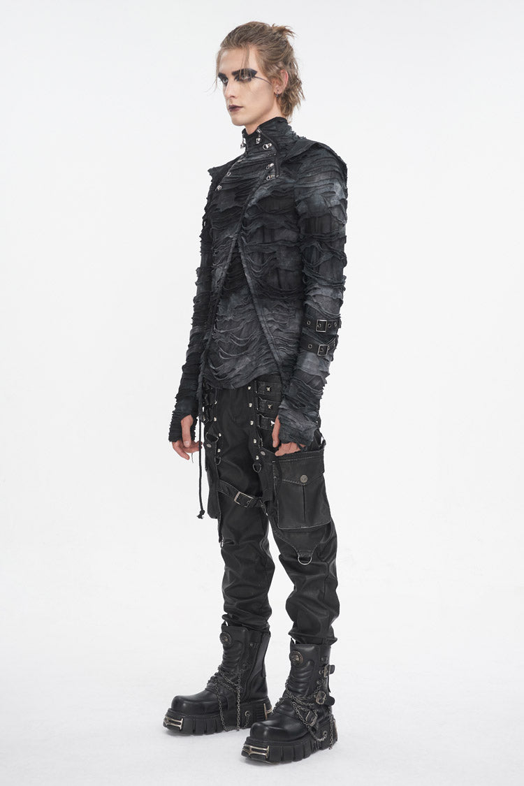 Black High Collar Long Sleeves Print Ripped Men's Punk Hoodies T-Shirt - Product - 3