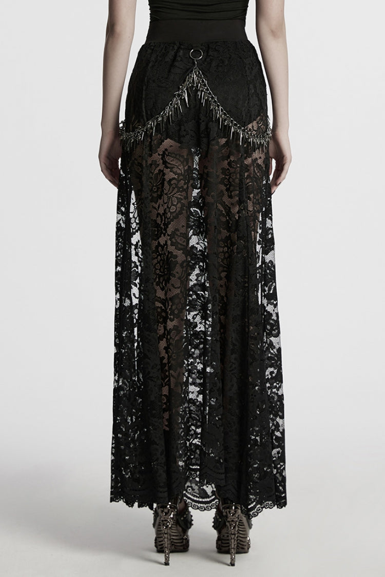 Black Embroidery Split Lace Women's Gothic Skirt with Studded Chain - Product - 3