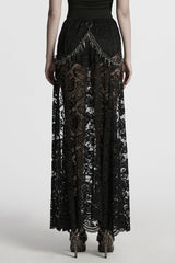 Black Embroidery Split Lace Women's Gothic Skirt with Studded Chain - Product - 3