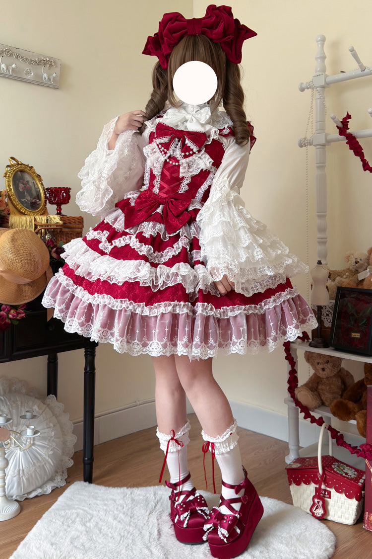 Wine Red [Love and Heart Flutter] Sleeveless Multi-Layered Ruffle Bowknot Lace Pearl Sweet Lolita Jsk Dress - Product - 2