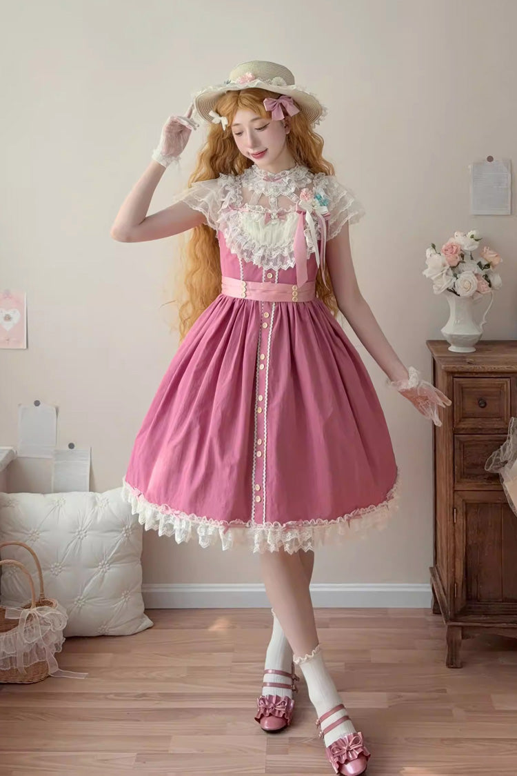 Rose Red [Sakura’s Spring Resonance] Sleeveless Ruffled Bow Sweet Lolita Jsk Dress (Short Version) - Product - 3