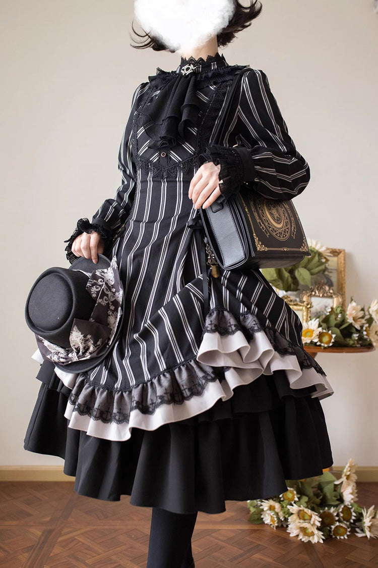 Black Stand Collar Long Sleeves Multi-layer Striped Print Ruffle Gothic Lolita Dress - Product - 12