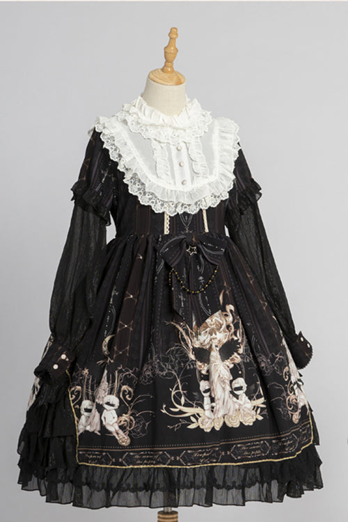Round Collar Ruffled Long Sleeves Reunion World Print Classic Lolita OP Dress - Product - 8