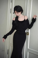 Black [Secret Crush] Long Sleeves Stretch Knit Slim Gothic Lolita Fishtail Dress - Product - 7
