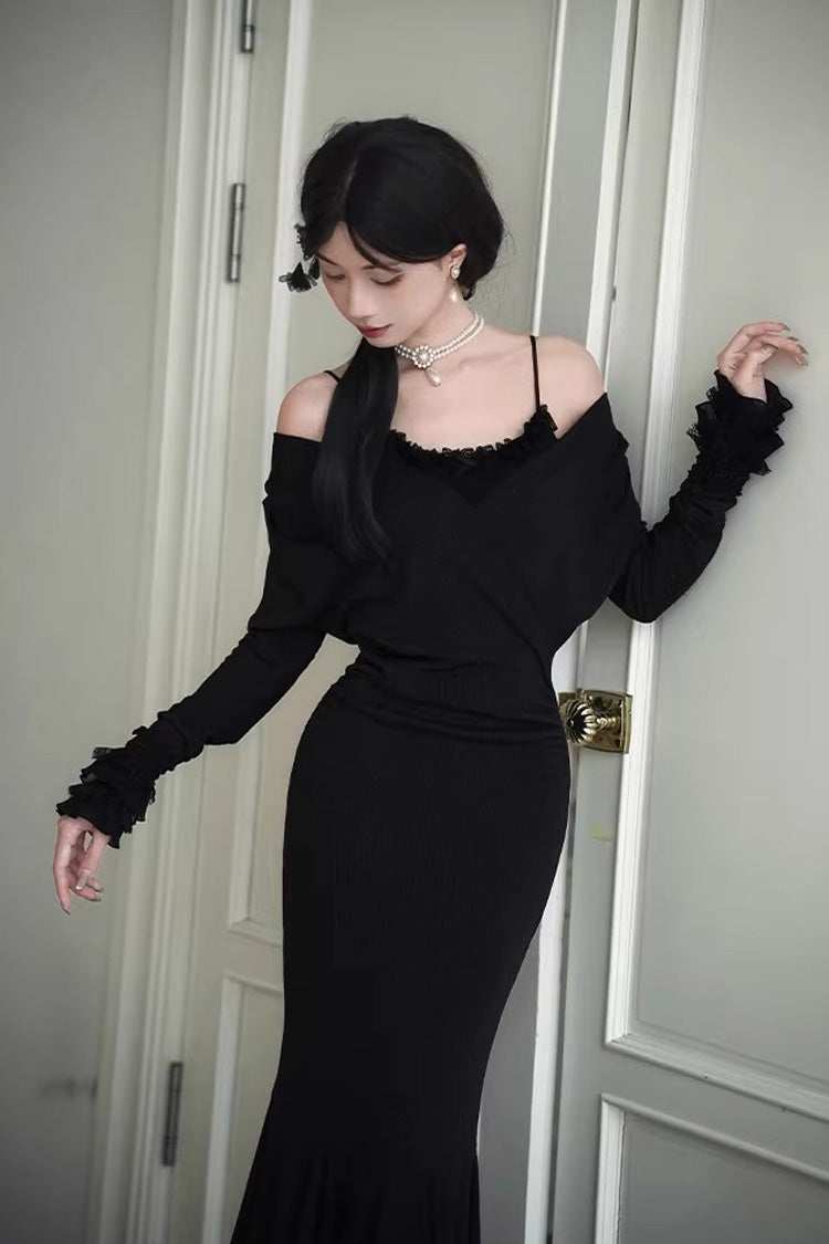 Black [Secret Crush] Long Sleeves Stretch Knit Slim Gothic Lolita Fishtail Dress - Product - 7