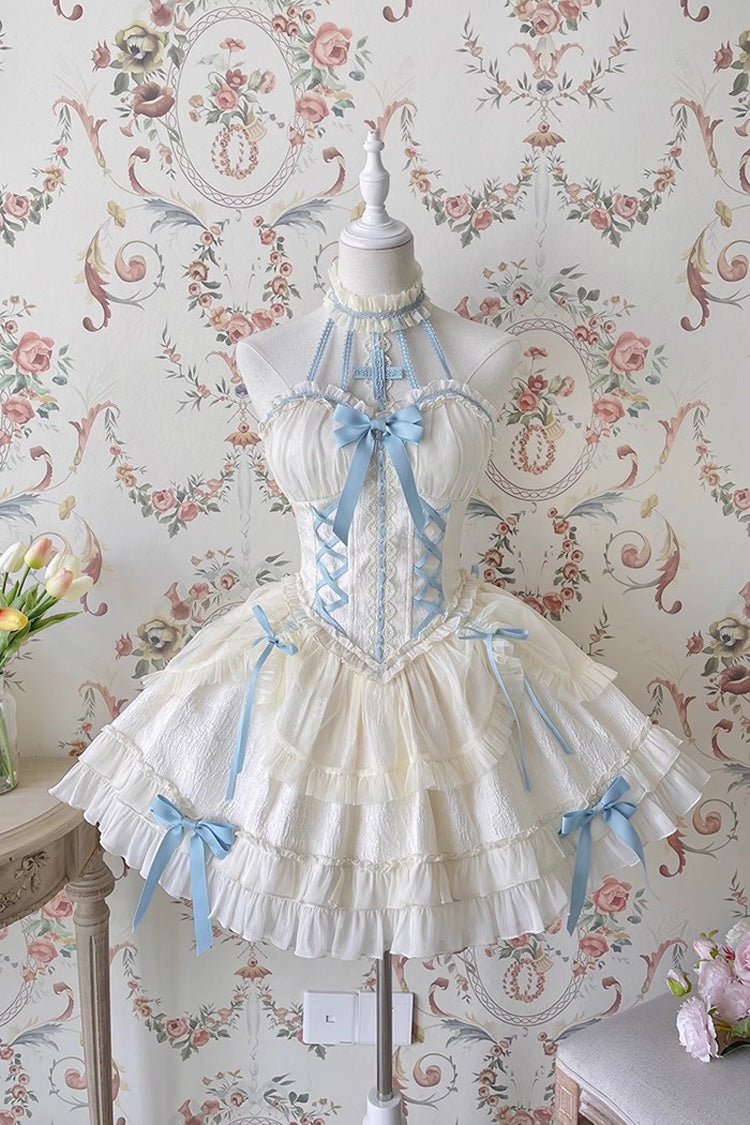 Blue/Ivory Tube Top Sleeveless Ruffle Bowknot Gothic Lolita Jsk Tiered Dress - Blue/Ivory - 1