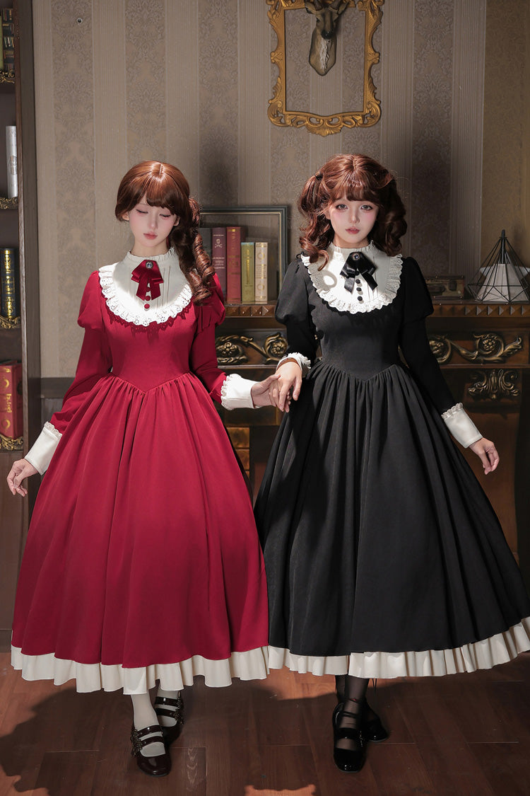 [Miss Lita] Stand Collar Long Lantern Sleeves Triple-Layered Ruffled Classic Elegant Maid Lolita Dress 2 Colors (Red, Black) - Product - 11