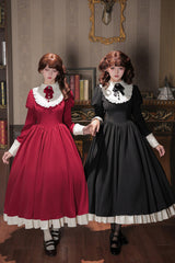 [Miss Lita] Stand Collar Long Lantern Sleeves Triple-Layered Ruffled Classic Elegant Maid Lolita Dress 2 Colors (Red, Black) - Product - 11