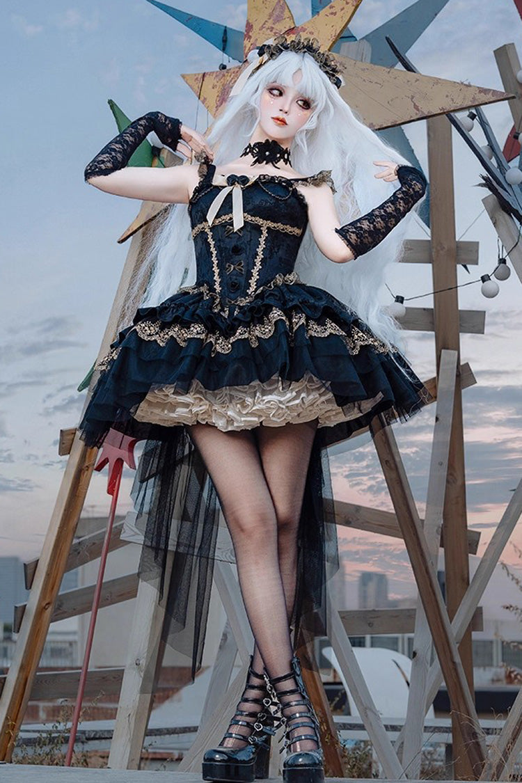 Black [Fleeting Light and Shallow Dream] Sleeveless Multi-Layered Ruffle Bowknot Lace Slim Gothic Ballet Lolita Jsk Dress - Product - 2