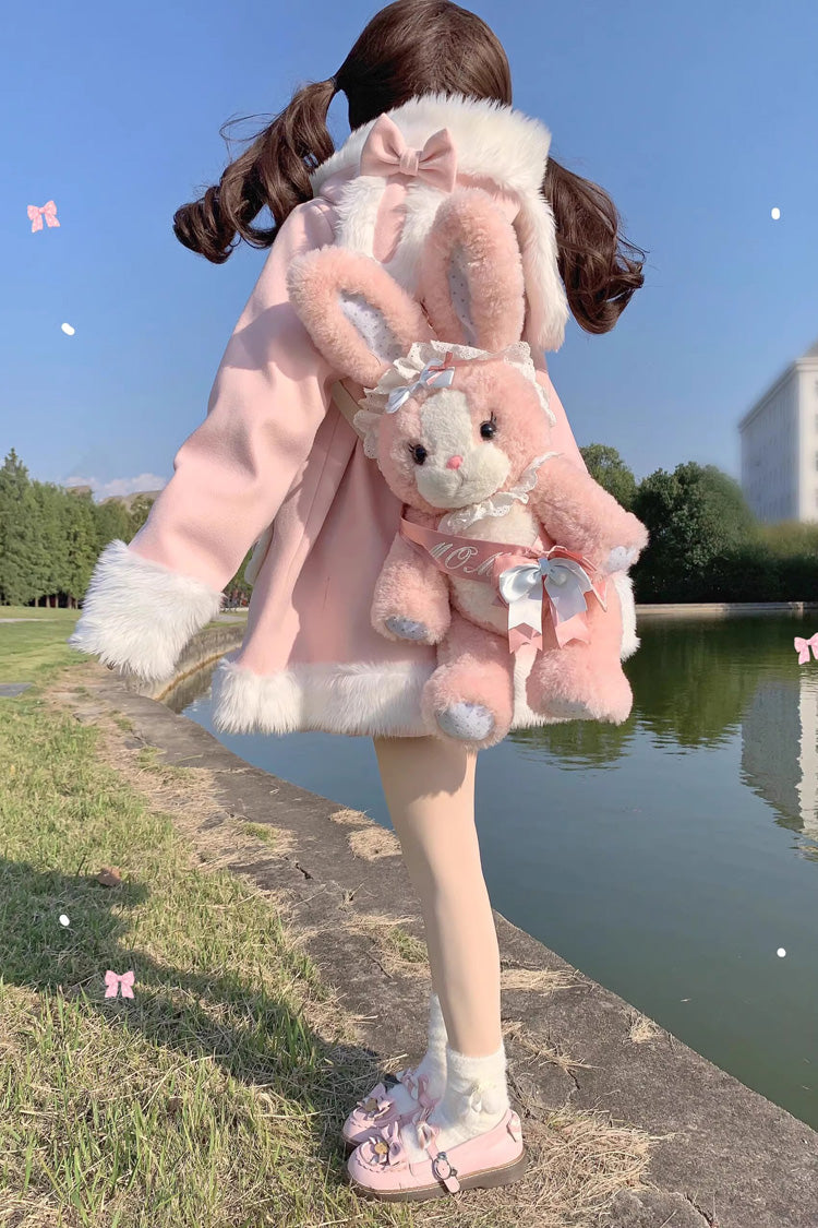 Pink Woolen Rabbit Ears Single-breasted Bowknot Sweet Princess Lolita Coat - Product - 6