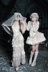 Solid Color [Bionic Doll] Square Collar Multi-Layered Ruffle Bowknot Lace-Up Gothic Lolita Fishtail Skirt Corset Set - Product - 9
