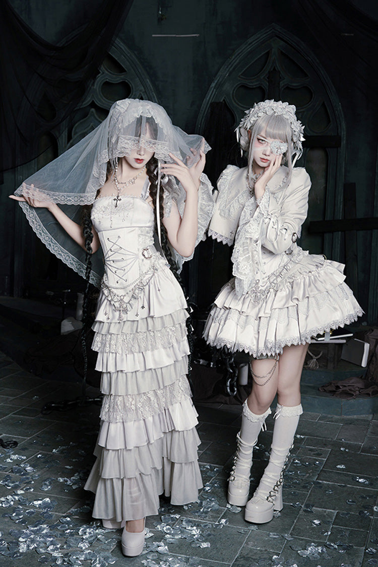 Solid Color [Bionic Doll] Square Collar Multi-Layered Ruffle Bowknot Lace-Up Gothic Lolita Fishtail Skirt Corset Set - Product - 9