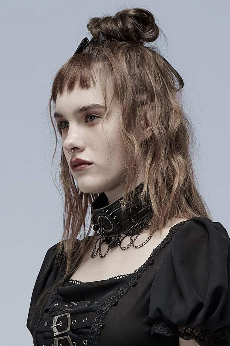 Black Leather Metal Rivets Lace Women's Gothic Chocker - Product - 3